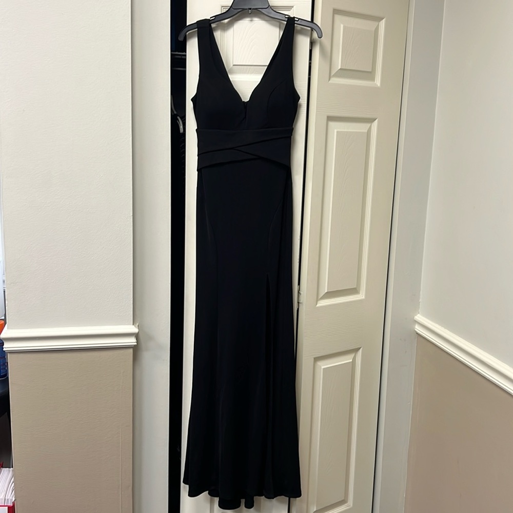 Emerald Sundae Black Side Slit Gown, plunging neckline